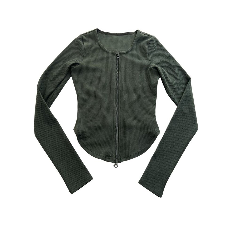 ALO Yoga Olive Green Ribbed Zip-Front Lightweight Jacket